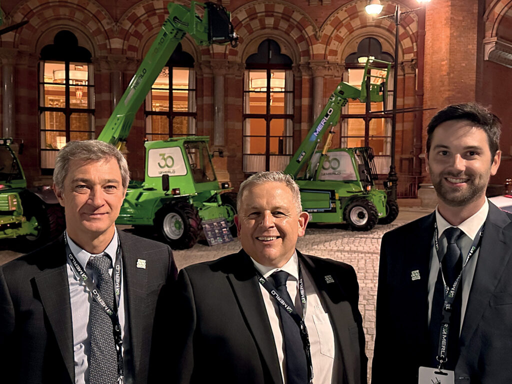 Merlo president Paulo Merlo, Merlo UK general manager, Shaun Groom and Merlo business manager Massimo Biei.