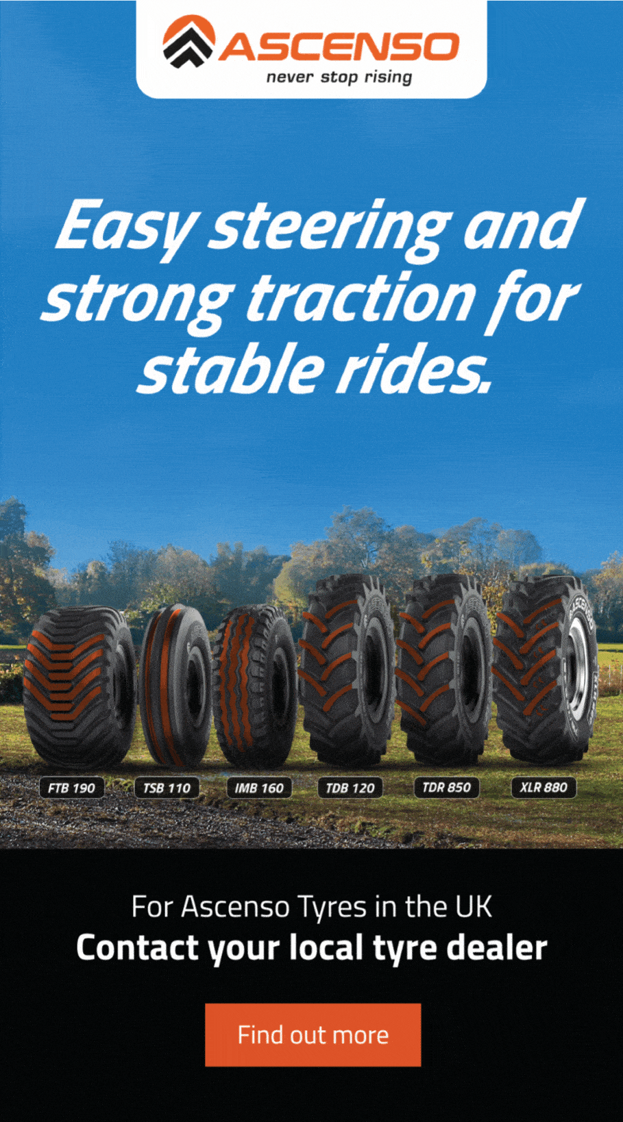 Ascenso Tyres advert on farm machinery site