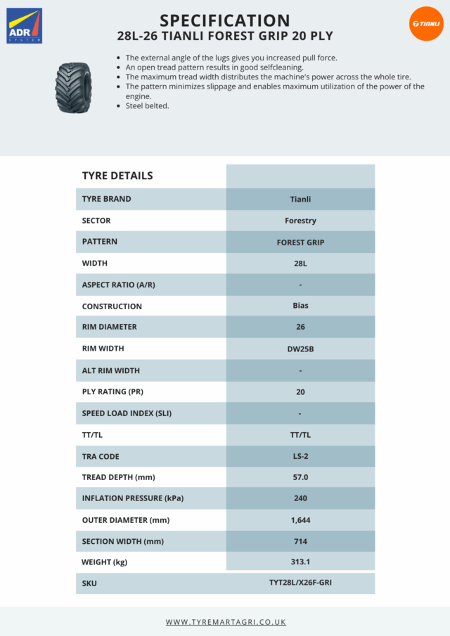 28L-26 Tianli FOREST GRIP 20 PLY Tyre