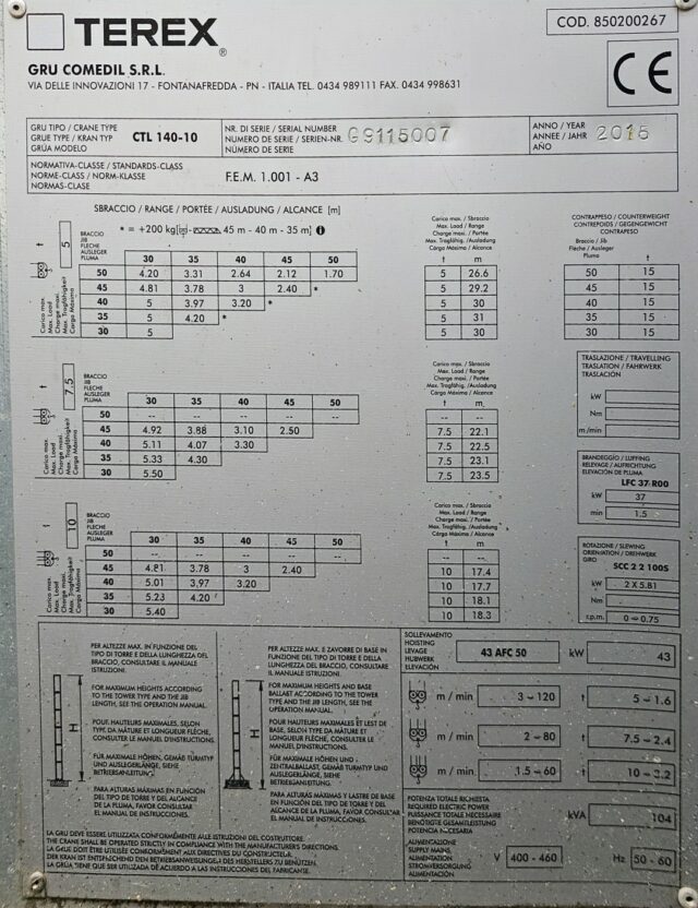 Terex Comedil CTL 140-10 Tower Crane
